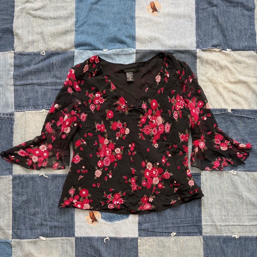 vtg silkland fairy floral 100% silk sequined y2k blouse size L